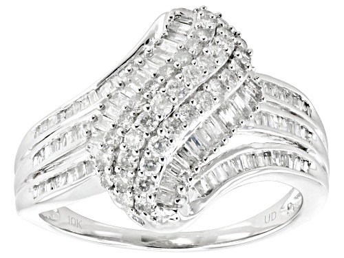 1.00ctw Round And Baguette White Diamond 10k White Gold Cluster Ring - Size 7
