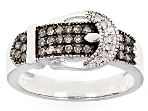 0.25ctw Round Champagne And White Diamond Rhodium Over Sterling Silver Buckle Ring - Size 7