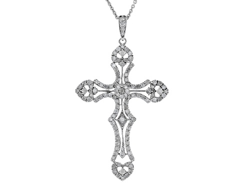 1.00ctw Round White Diamond Rhodium Over Sterling Silver Cross Pendant With 18" Cable Chain