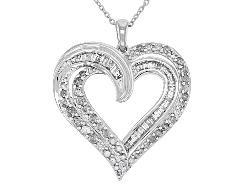 1.00ctw Round And Baguette White Diamond Rhodium Over Sterling Silver Heart Pendant With 18" Chain