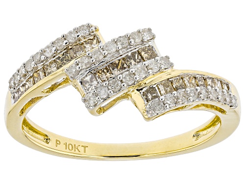 0.55ctw Princess Cut Champagne Diamond And Round White Diamond 10k Yellow Gold Bypass Band Ring - Size 8