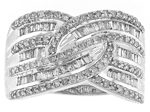 1.00ctw Round And Baguette White Diamond 10k White Gold Crossover Wide Band Ring - Size 6