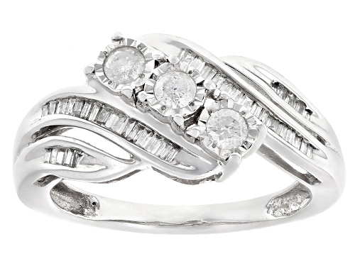 0.50ctw Round And Baguette White Diamond 10k White Gold 3-Stone Bypass Ring - Size 6