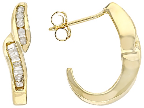 0.20ctw Round And Baguette White Diamond 10k Yellow Gold J-Hoop Earrings