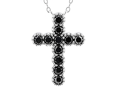 1.15ctw Round Black Diamond Rhodium Over Sterling Silver Cross Pendant With Chain