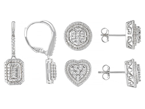 0.23ctw Round White Diamond Rhodium Over Sterling Silver Set Of 3 Pairs Of Earrings