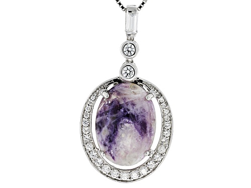 18x13mm Oval Morado Opal And 1.01ctw Mixed Shape White Zircon Silver Pendant With Chain