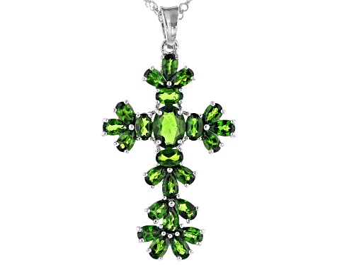 Photo of 6.67ctw Oval And Pear Shape Russian Chrome Diopside Rhodium Over Silver Cross Pendant With Chain