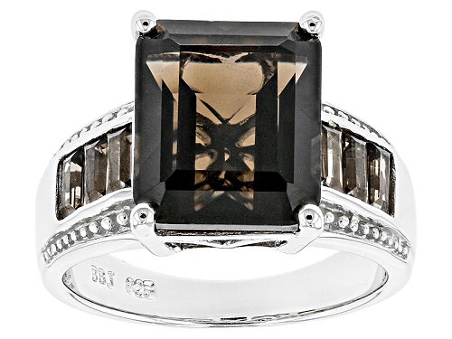 Photo of 6.58ctw Emerald Cut And Baguette Smoky Quartz Rhodium Over Sterling Silver Ring - Size 7