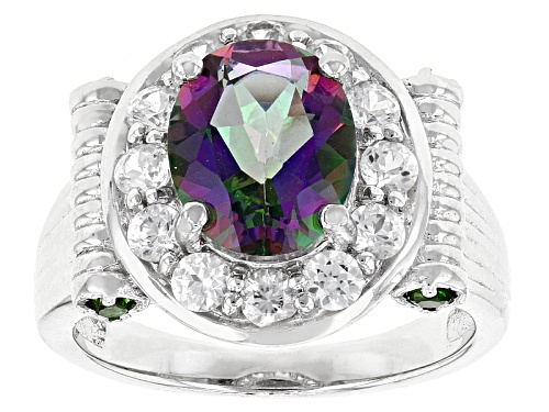 3.23ct Oval Green Mystic Topaz®, 1.05ctw Round White Zircon, .13ctw Chrome Diopside Silver Ring - Size 7
