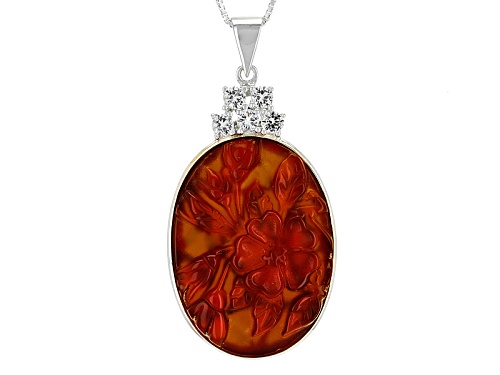 Photo of 30x22mm Oval Orange Carved Carnelian And .70ctw Round White Topaz Silver Floral Pendant With Chain