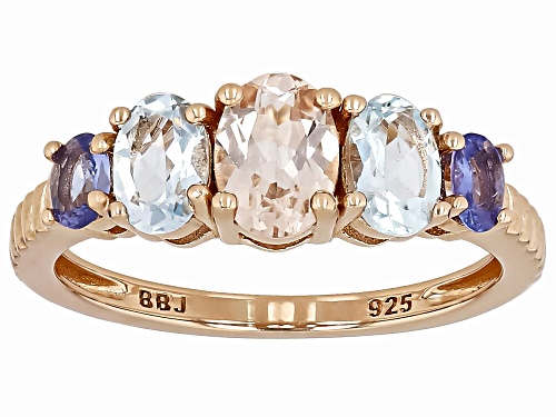 0.52ct Morganite with 0.29ctw Tanzanite and 0.74ctw Aquamarine 18k Rose Gold Over Silver Ring - Size 7