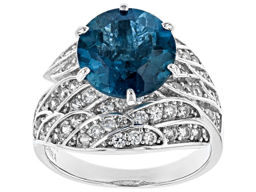 Photo of 4.50ct Round London Blue Topaz With 1.38ctw Round White Zircon Rhodium Over Sterling Silver Ring - Size 7