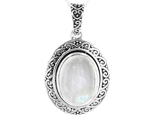 20x15mm Oval Cabochon Rainbow Moonstone Solitaire, Sterling Silver Pendant With Chain
