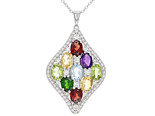 5.12ctw Multi Gemstone With 1.74ctw White Zircon Rhodium Over Sterling Silver Pendant With Chain