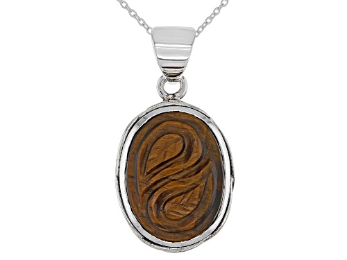 20x15mm Oval Tigers Eye Rhodium Over Sterling Silver Pendant with Chain