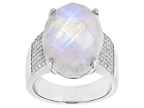 Photo of 18x13mm Oval White Moonstone With 0.20ctw White Zircon Rhodium Over Sterling Silver Ring - Size 8