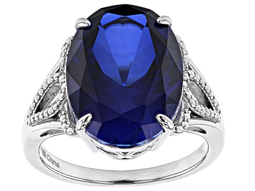 Photo of 10.00ctw 16x12mm Oval Lab Created Blue Sapphire Rhodium Over Sterling Silver Ring - Size 8