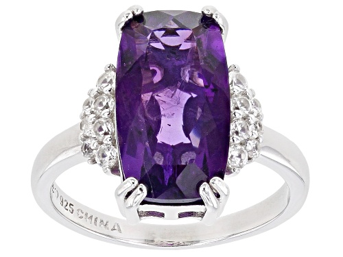 4.41ctw 15x8mm Cushion Amethyst with 0.39ctw Round White Zircon Rhodium Over Sterling Silver Ring - Size 8