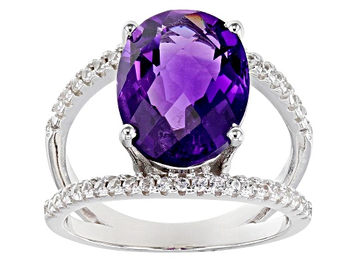 Photo of 4.81ctw 14x10mm Amethyst with 0.47ctw Round White Zircon Rhodium Over Silver Ring - Size 8