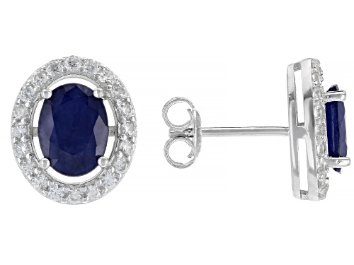 1.75ctw Oval Blue Sapphire With 0.50ctw Round White Zircon Rhodium Over Silver Stud Earrings