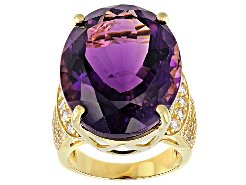 Photo of 25.00ct Oval African Amethyst With 1.00ctw Round White Zircon 18K Yellow Gold Over Silver Ring - Size 8