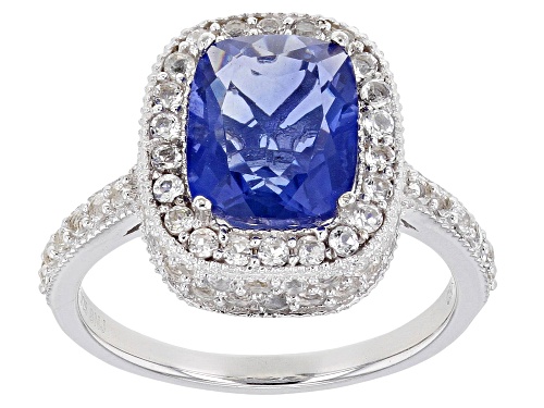 3.50ct Blue Color Change Fluorite With 1.40ctw White Topaz Rhodium Over Sterling Silver Ring - Size 8