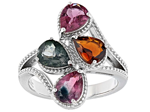 3.50ctw Multi Color Tourmaline Rhodium Over Sterling Silver 4-Stone Ring - Size 7