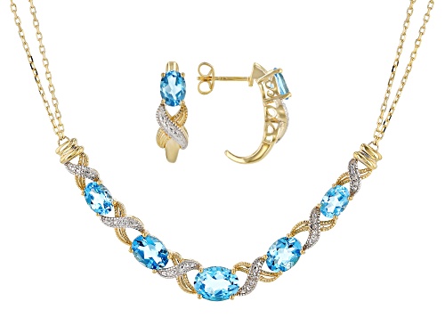 Photo of 3.89ctw Swiss Blue Topaz With .01ctw Diamond 14k Yellow Gold Over Silver Necklace And Earring Set