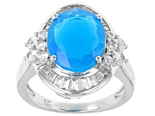 Photo of 12x10mm Pariaba Blue Color Opal, 1.25ctw White Topaz & .50ctw White Zircon Rhodium Over Silver Ring - Size 8