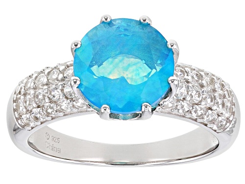 Photo of 9mm Round Paraiba Blue Color Opal with 0.65ctw White Zircon Rhodium Over Sterling Silver Ring - Size 9