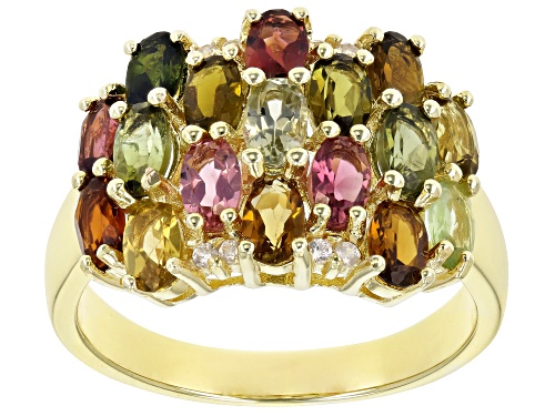 Photo of 3.25ctw Oval Multi-Tourmaline With 0.08ctw White Zircon 18K Yellow Gold Over Silver Cluster Ring - Size 7