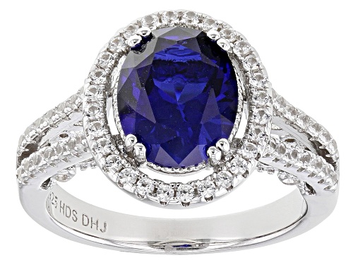 3.15ct Lab Blue Sapphire and 0.68ctw Lab White Sapphire Rhodium Over Sterling Silver Ring - Size 9