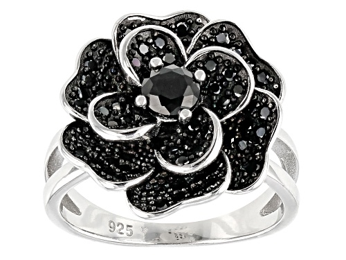 Photo of 1.10ctw Round Black Spinel Rhodium Over Sterling Silver Flower Ring - Size 8