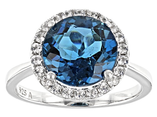 Photo of 3.50CT Round London Blue Topaz with 0.30ctw White Topaz Rhodium Over Silver Halo Ring - Size 10