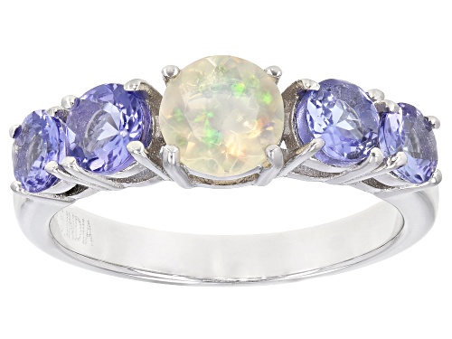 Photo of 6mm Round Ethiopian Opal with 1.16ctw Round Tanzanite Rhodium Over Sterling Silver Ring - Size 8
