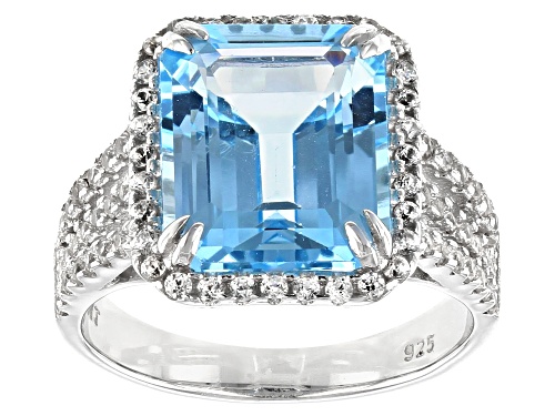 Photo of 7.31ct Glacier Topaz™ And 1.00ctw Round White Zircon Rhodium Over Sterling Silver Ring - Size 7