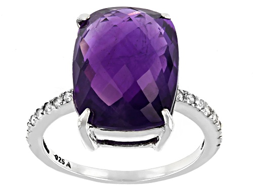 Photo of 8.75CT Rectangular Cushion Amethyst with 0.32ctw Round White Topaz Rhodium Over Sterling Silver Ring - Size 8