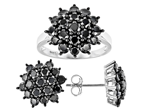 Photo of 6.23ctw Round Black Spinel Rhodium Over Sterling Silver Earring and Ring Set