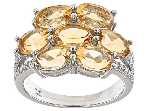 Photo of 1.75CTW Oval Citrine with 0.25ctw White Zircon Rhodium Over Sterling Silver Cluster Ring - Size 7