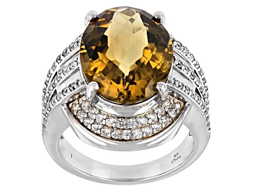 Photo of 6.25CT Oval Citrine with 0.90ctw Round White Zircon Rhodium Over Sterling Silver Ring - Size 9