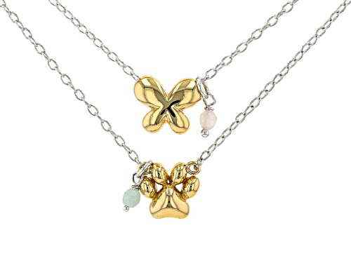 0.34ctw Rose & Green Quartz 18K Yellow Gold Over Bronze & Sterling Silver Over Bronze 2 Necklaces - Size 18
