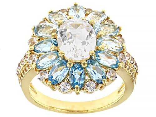 Photo of 5.18ctw Lab White Sapphire Swiss Blue Topaz, Sky Blue Topaz 18K Yellow Gold Over Silver Ring - Size 7