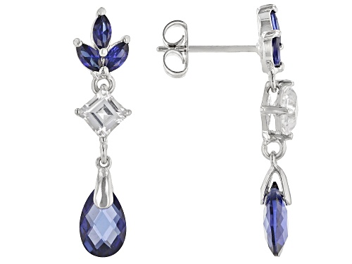 Photo of 2.38ctw Lab Blue Sapphire With .73ctw Lab White Sapphire Rhodium Over Sterling Dangle Earrings