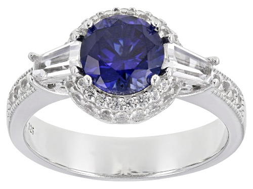 Photo of 1.20ct Lab Blue Sapphire With .85ctw Lab White Sapphire Rhodium Over Sterling Silver Ring - Size 7