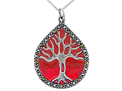 Photo of 33mm x 24mm Gray Marcasite With Red Epoxy Coloring Rhodium Over Sterling Silver Pendant With Chain