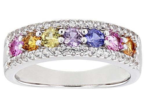 1.36ctw Round Lab Created Multi-Color Sapphire Rhodium Over Sterling Silver Ring - Size 6