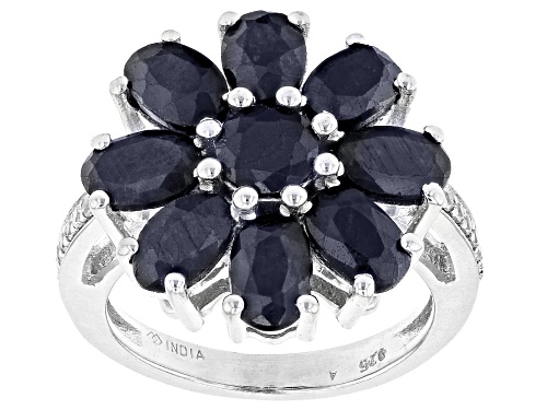 Photo of 5.40ctw Blue Sapphire and 0.19ctw White Zircon Rhodium Over Sterling Silver Ring. - Size 7