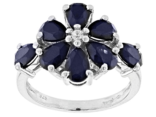 Photo of 3.60ctw Blue Sapphire and 0.10ctw White Zircon Rhodium Over Sterling Silver Ring. - Size 7