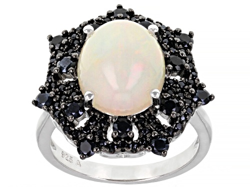 Photo of 12x10mm Ethiopian Opal and 0.74ctw Black Spinel Rhodium Over Sterling Silver Ring. - Size 7